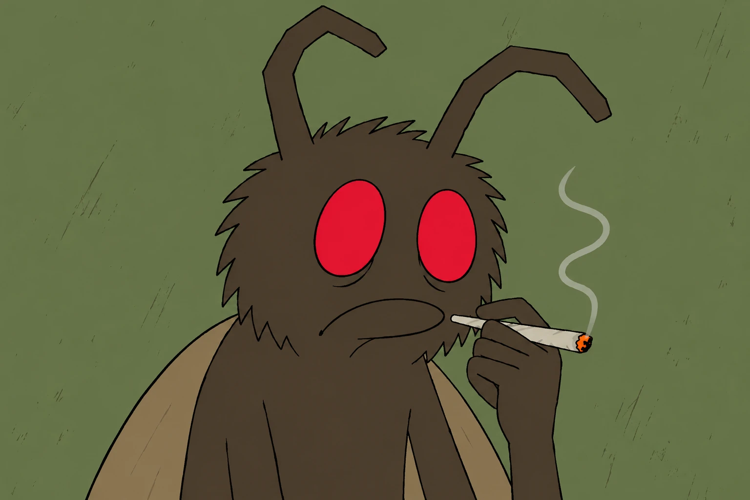 Dusty, a brown mothman with red eyes, holding a joint