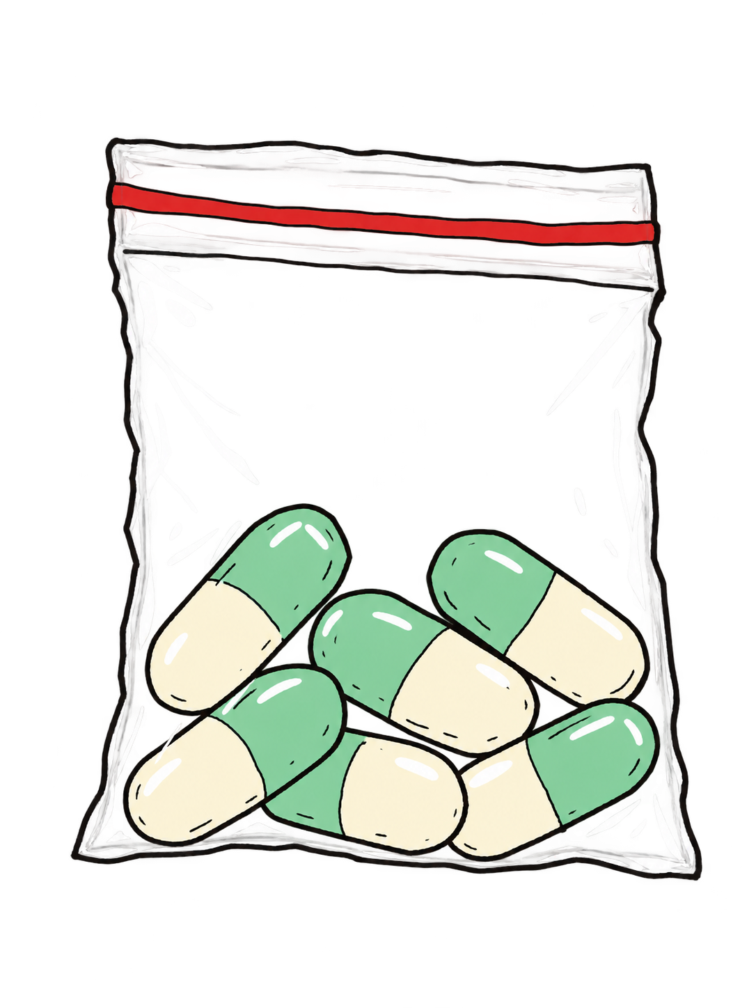 A zip bag with mint-green and ivory capsules